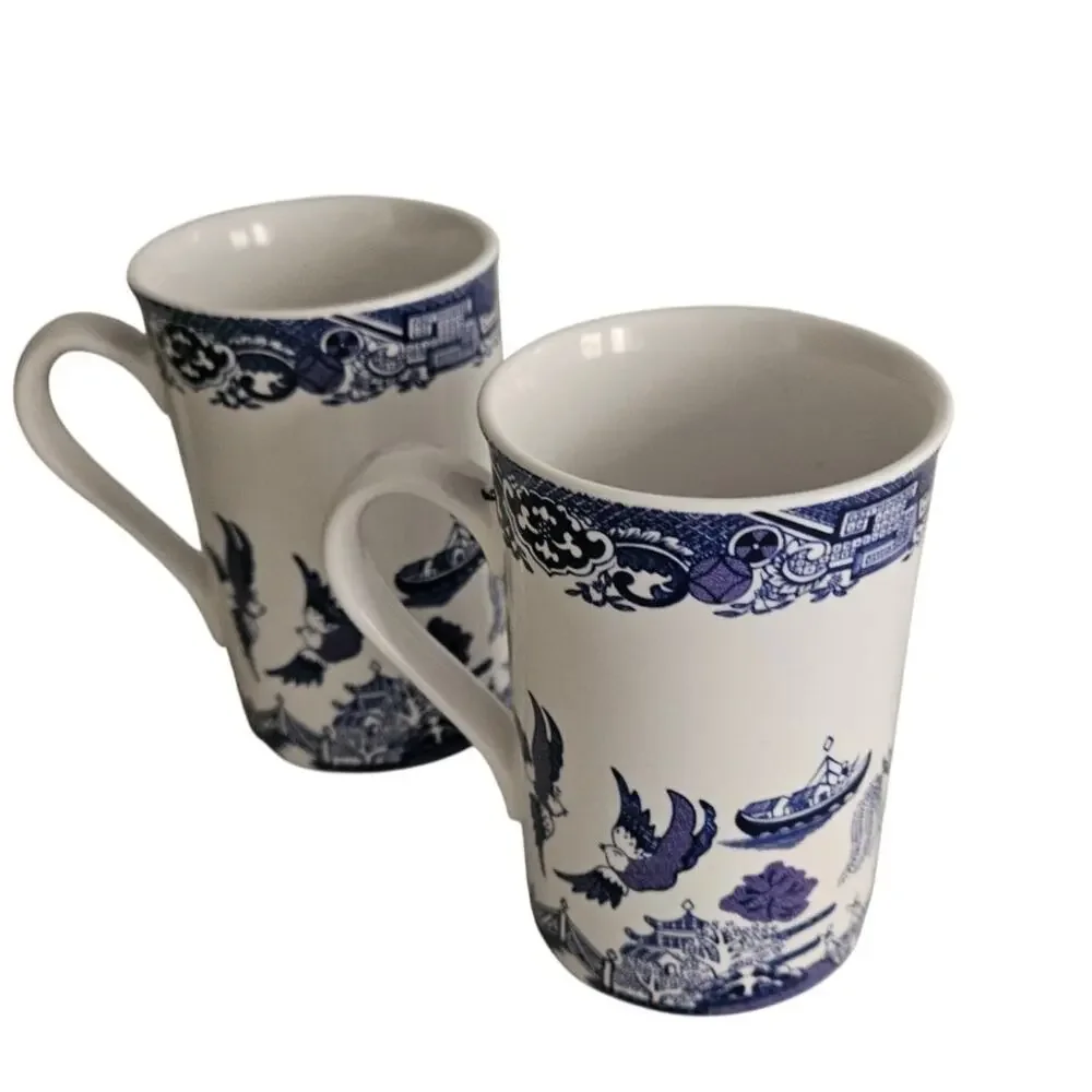 Royal Cuthbertson Blue Willow Mugs Set of 2 Blue White China